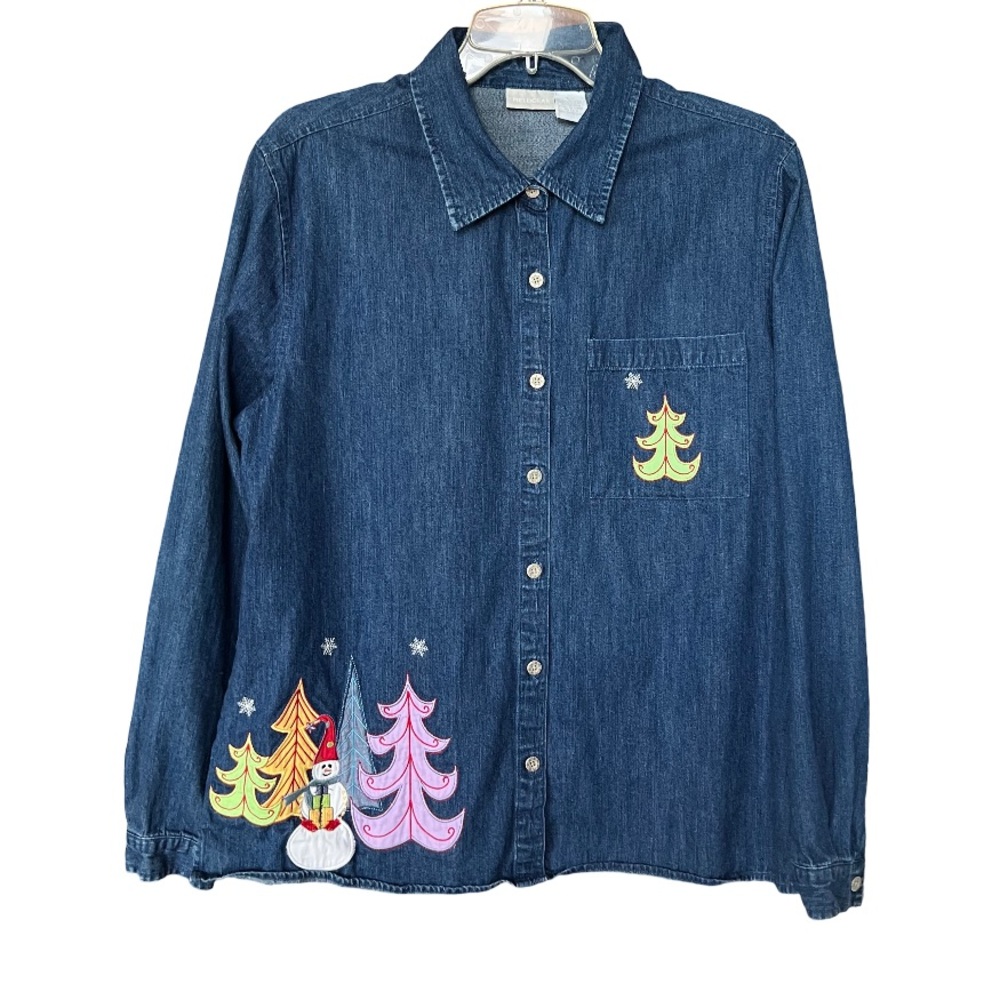 Field Gear Festive Blue Denim Christmas Tree Button Down Shirt Appliqués size L!